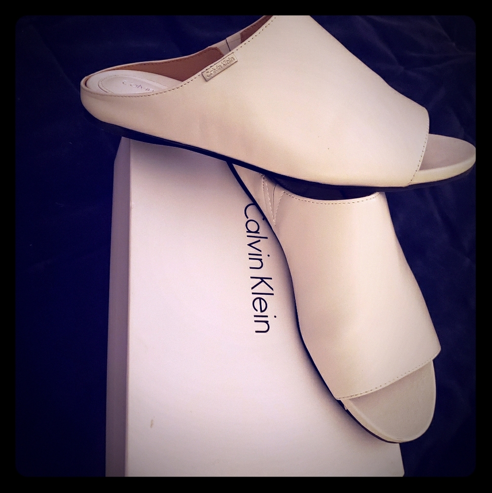 White Calvin Klein faux leather Slides 8.5